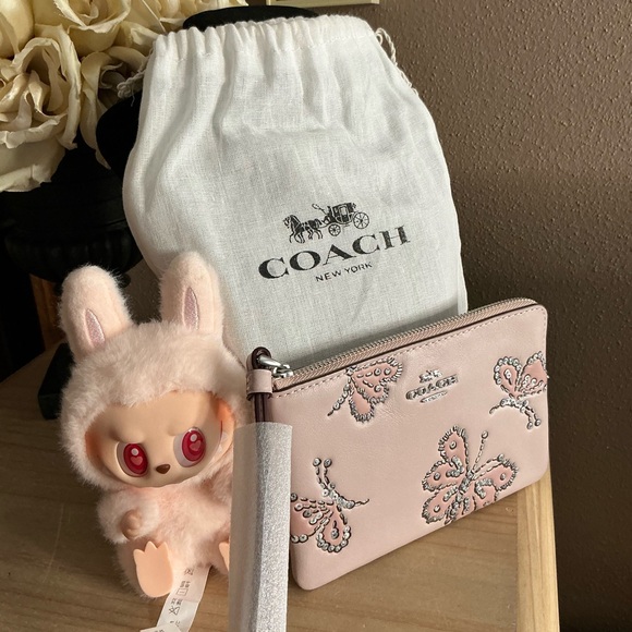 Coach Blush Butterfly Rivets Corner Zip Wristlet plus a Pop Mart lil’ Monster - Picture 8 of 15
